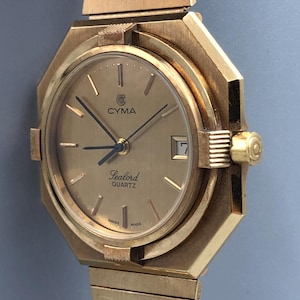 Vintage Late 70s 1970s Early 80s 1980s  NOS CYMA SEALORD Sleek Marine Vibe Swiss Watch 36mm Gold Tone Octagon Case Cal.Eta V8 7j Quartz