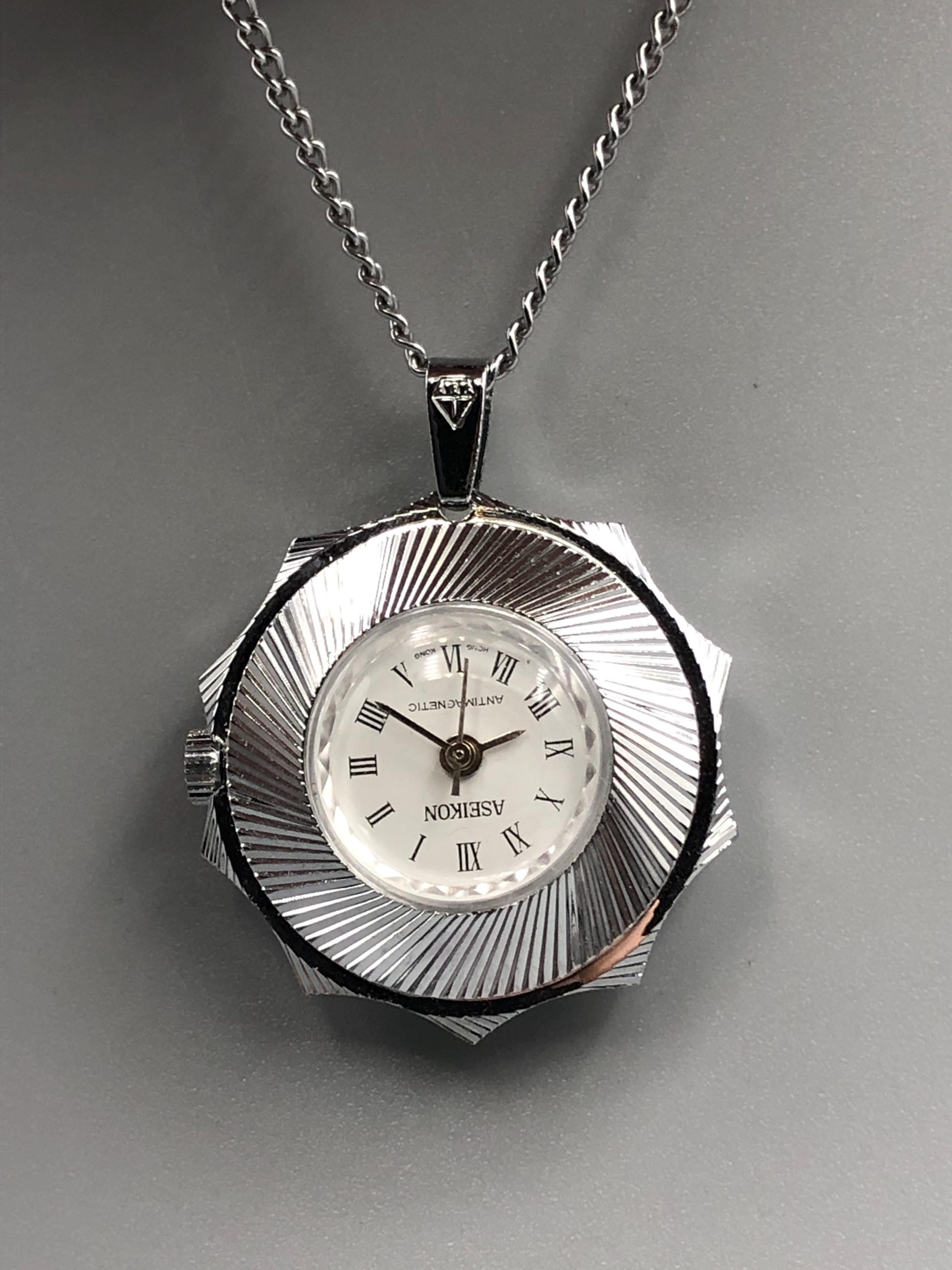 Vintage 70s NOS Star Mechanical WATCH PENDANT Faceted Silver Opt Art Psychedelic Patterns Working Aseikon Brand.