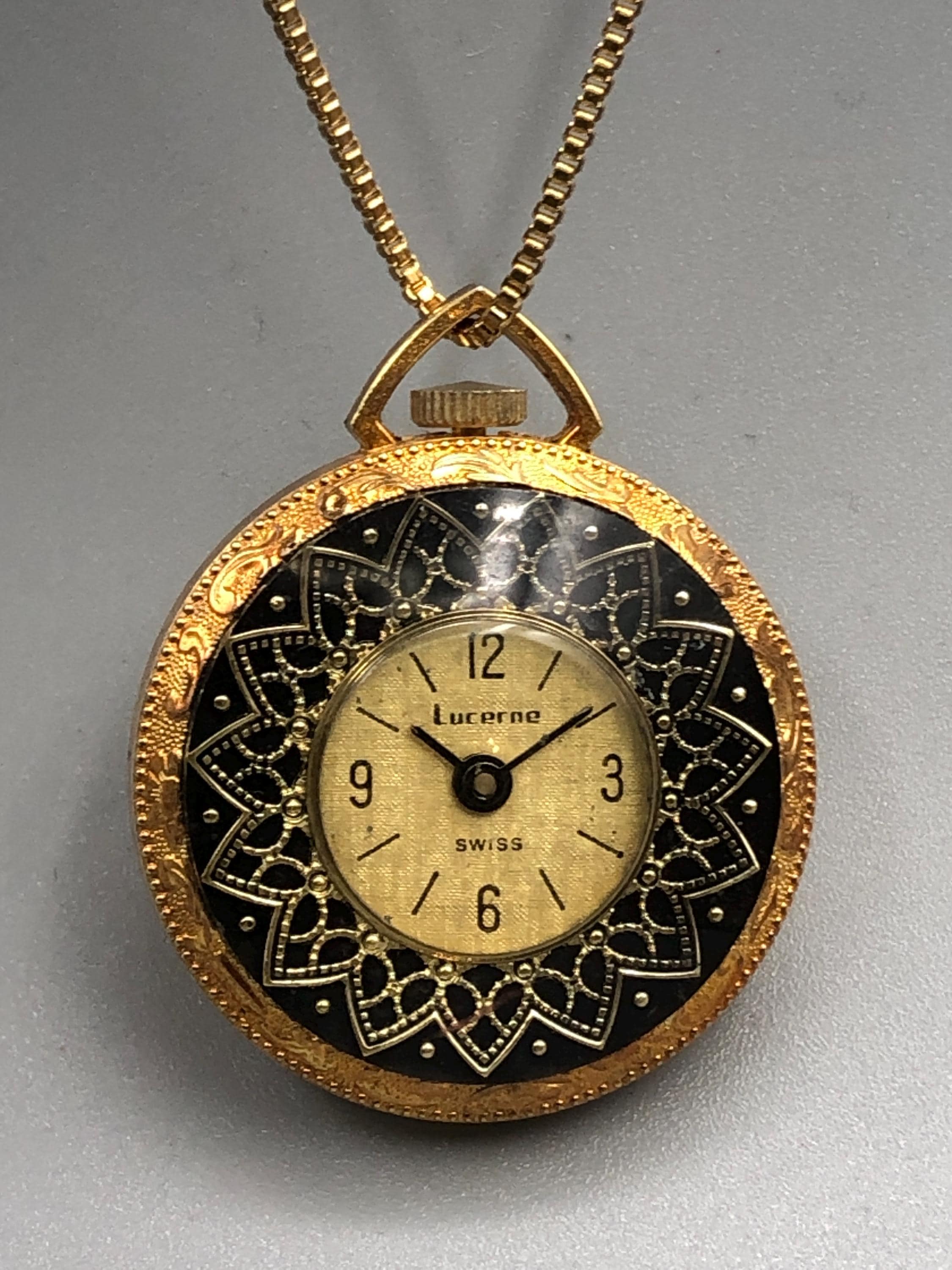 Roman Numerals Lucerne Swiss Made Necklace Watch Vintage 60s 70s