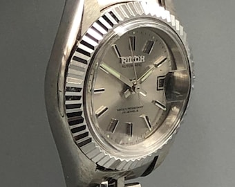 Reloj de pulsera mecánico automático RICOH vintage de acero inoxidable, años 70, nuevo, de stock antiguo, esfera plateada, fecha de ajuste rápido, años 70, ref. 251201