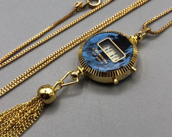 Vintage 70s 80s NOS Chic LCD Digital Quartz Gold Tone Blue Marble Tassel Round Necklace PENDANT Watch
