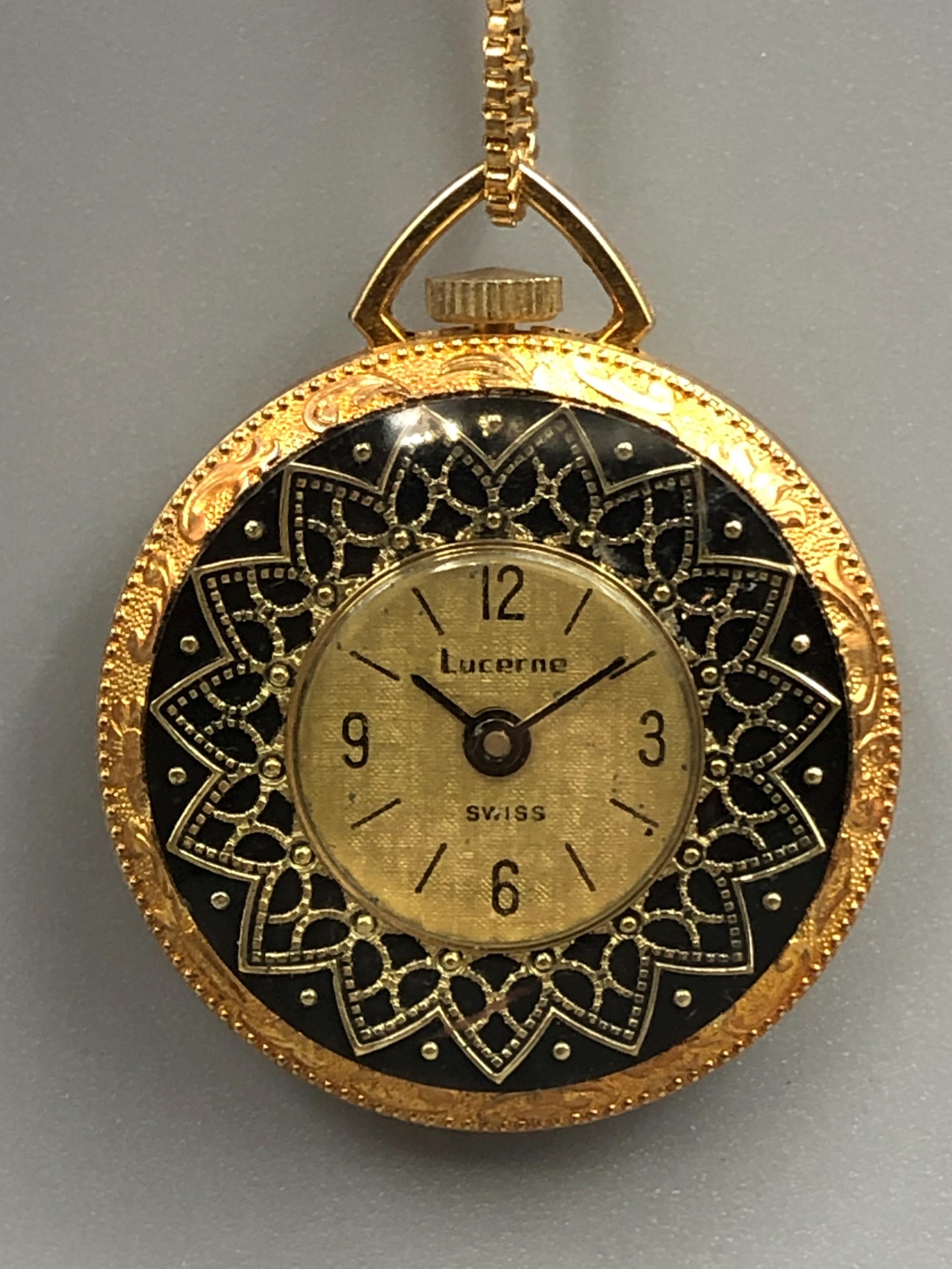 Vintage Mechanical Gold Tone Lucerne Ladies Pendant Watch Faceted Swiss Made‎ Vintage LUCERNE Pendant Swiss Watch Womens Gold Tone  main image 2