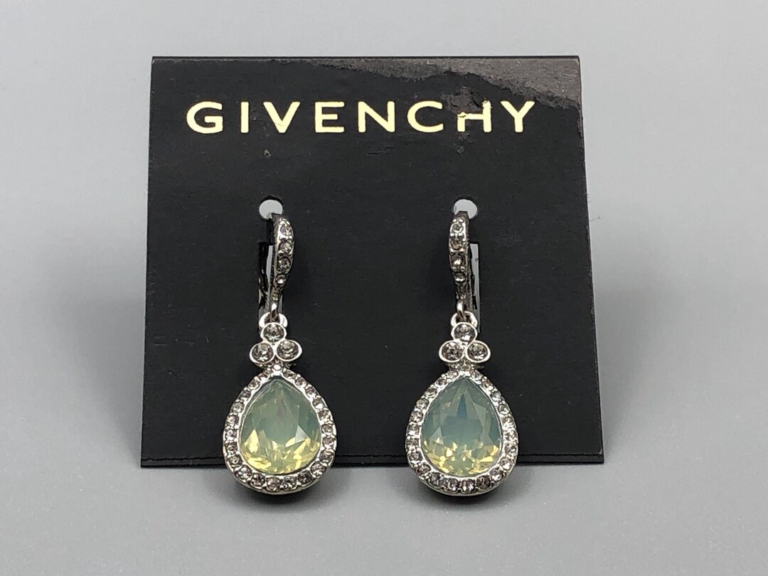 Vintage GIVENCHY Y2K RHINESTONE PAVE Silver Green Stone Teardrop Dangle ...