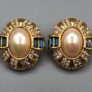 Vintage 1980s 1990s DIOR Christian Dior Gold Tone Rhinestone Pave Gripoix Pearl Clip-ON Earrings 80s 90s  Statement Runway