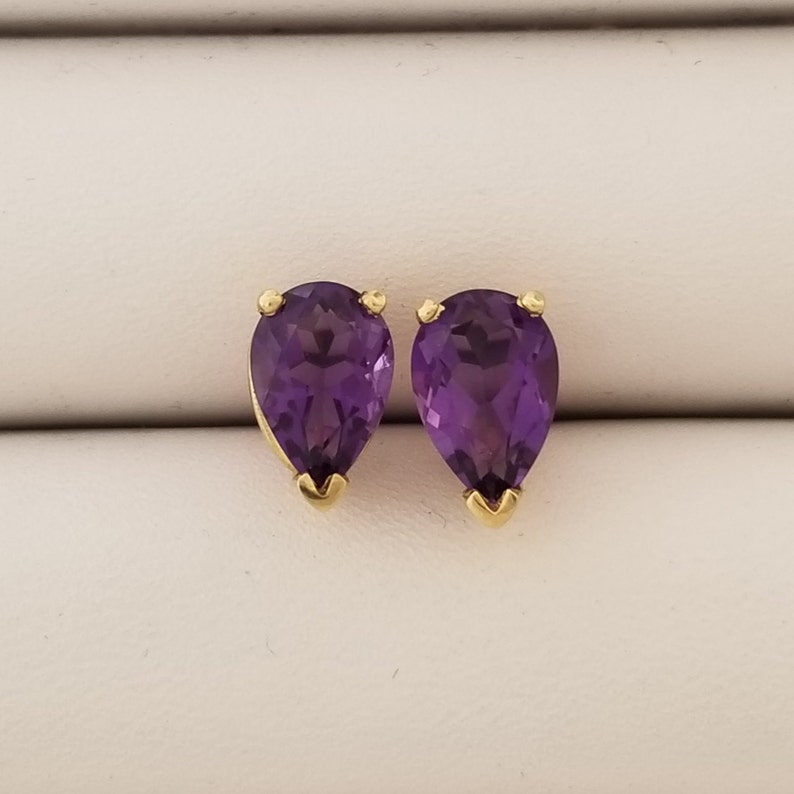 Purple Gift for her February Violet Amethyst 7 x 5 mm Pear Shape Stud Earrings 14K Yellow Gold Anniversary Gemstone