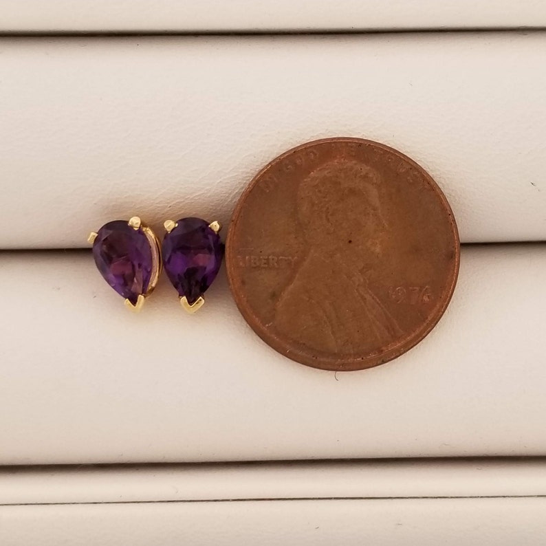 Purple Gift for her February Violet Amethyst 7 x 5 mm Pear Shape Stud Earrings 14K Yellow Gold Anniversary Gemstone