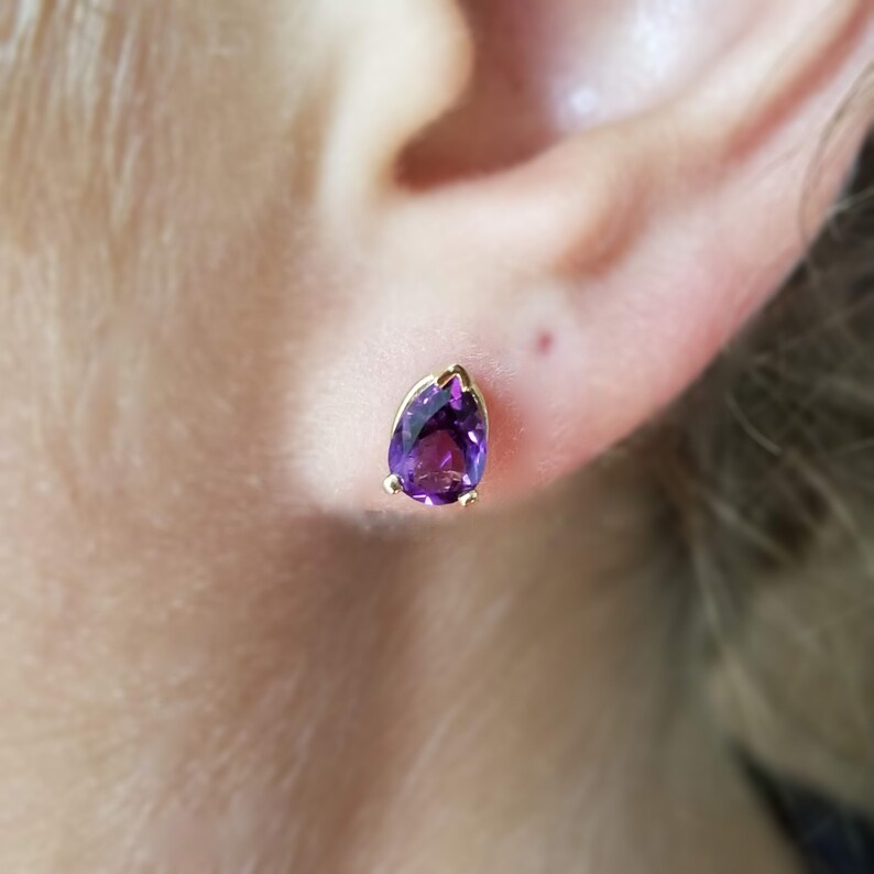 Purple Gift for her February Violet Amethyst 7 x 5 mm Pear Shape Stud Earrings 14K Yellow Gold Anniversary Gemstone