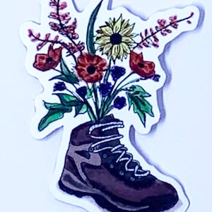 Flowers in a Hiking Boots Glossy Water Resistant Illustrated Vinyl Sticker