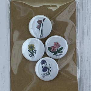 May include: Four white round buttons with floral designs and names. The buttons feature a poppy, a sweet rocket, a primrose, and a bachelor's button.