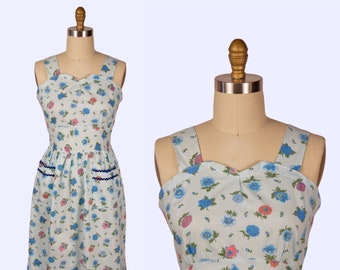 1950s Vintage Dress, 50s Striped Floral Cotton Dress, Day dress, Medium, Mid Century Fashion