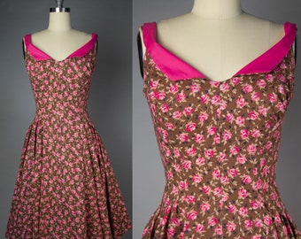 1950s Vintage Dress, 50s Vintage Rose Print Dress, floral Print, Large, Fit and Flare