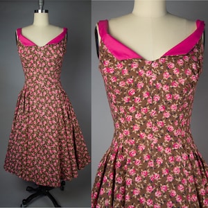 1950s Vintage Dress, 50s Vintage Rose Print Dress, floral Print, Large, Fit and Flare