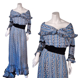 1900s Antique Dress, Edwardian Blue Silk Floral Two Piece Dress, Medium, Edwardian Gown