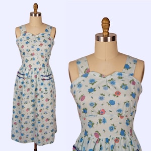 1950s Vintage Dress, 50s Striped Floral Cotton Dress, Day dress, Medium, Mid Century Fashion