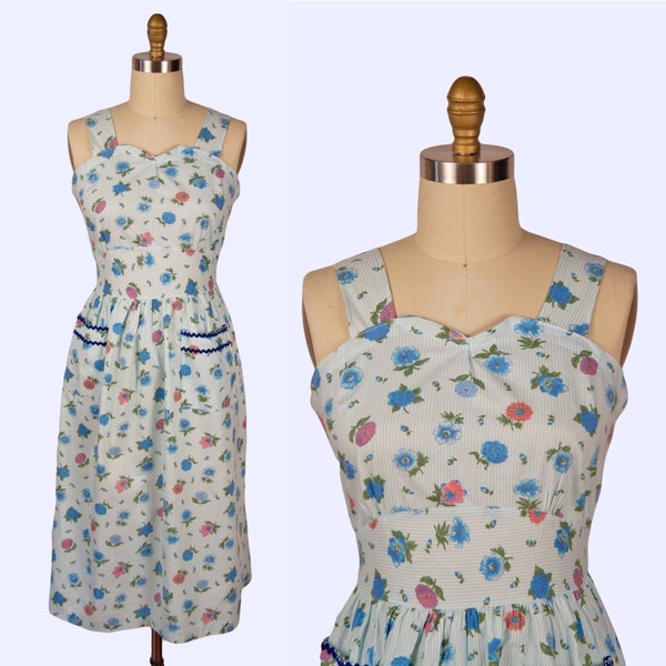 1950s Vintage Dress, 50s Striped Floral Cotton Dress, Day dress, Medium, Mid Century Fashion