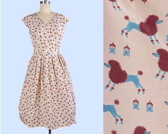 1950s Vintage Dress Set, 50s Poodle Novelty Print Dress Set, Medium, Fit and Flare