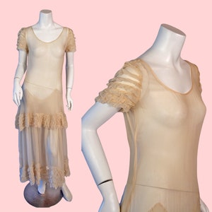 1920s Vintage Dress, 20s Chiffon Ruffled Drop Waist Wedding Dress in Cream, Antique Gown