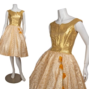 1950s Vintage Dress, 1950s Gold Lamé and Floral Lace Fit and Flare Party Dress, Cocktail dress, Small