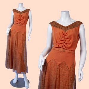 Vestido vintage de la década de 1940, vestido vintage naranja quemado de los años 40, vestido de cóctel Vtg, pequeño