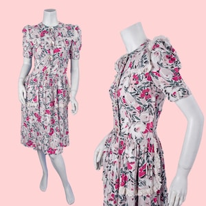1930s Vintage Pink Floral Cotton Dress with white Eyelet Ruffles and Puffed Sleeves, 40s Cotton Day Dress