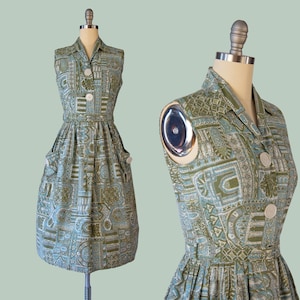 1950s Vintage Green and Blue Cotton Fit and Flare Dress with Belt, Size Small, Mid Century Dress, Rockabilly, Pinup, Retro Fashion
