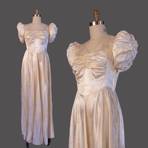 1930s Vintage White Evening Gown With Puffed Sleeves, Wedding Dress, Bridal Gown, 30 Inch Waist
