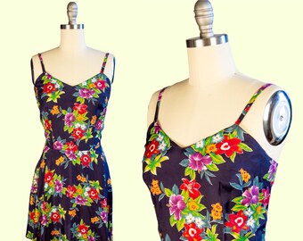 1990s Vintage Dress, 90s Tropical Floral Print by Milanzo, Large, Day Dress, slip dress, Hawaiian Print