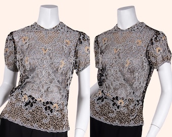 Top vintage anni '30, camicetta trasparente con perline, media, antica