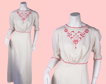 1900s Antique Dress, Edwardian Linen Pigeon Blouse Dress with Pink Embroidery, Lawn Dress, Antique Clothing