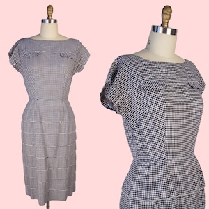 1950s Vintage Dress, Checkered 50s Black and White R&K Originals Gingham Dress with tiered skirt, Day Dress, pencil , wiggle, Medium