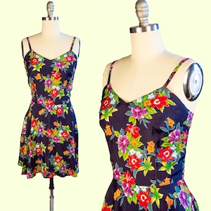 1990s Vintage Dress, 90s Tropical Floral Print by Milanzo, Large, Day Dress, slip dress, Hawaiian Print