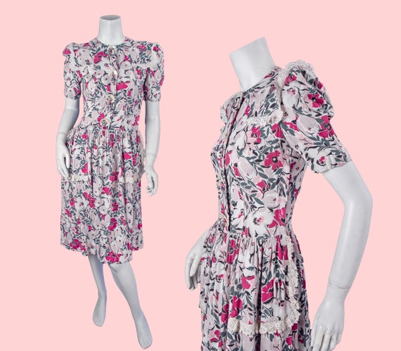 1940s Floral Linen Dress | Vintage Pink Floral Da… - image 1