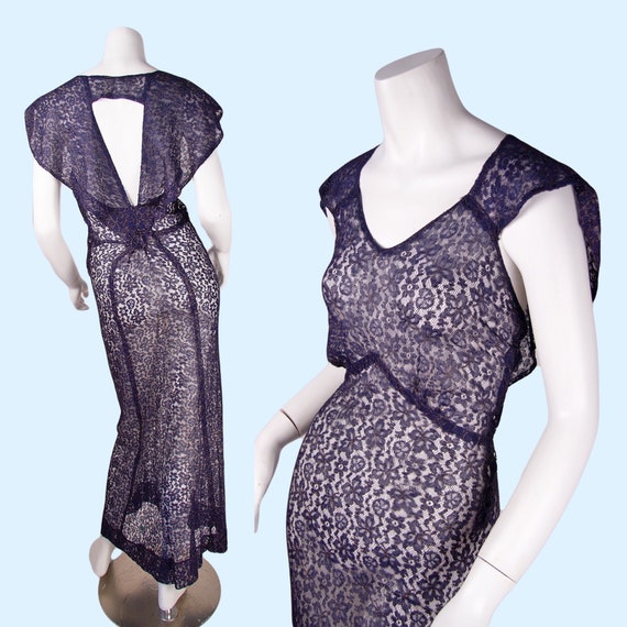 1930s Vintage Gown, 30s Blue Lace Evening Gown, B… - image 1