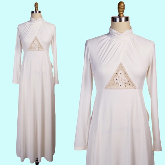 VINTAGE 1970s Wedding Gown, White Gown With Semi … - image 2