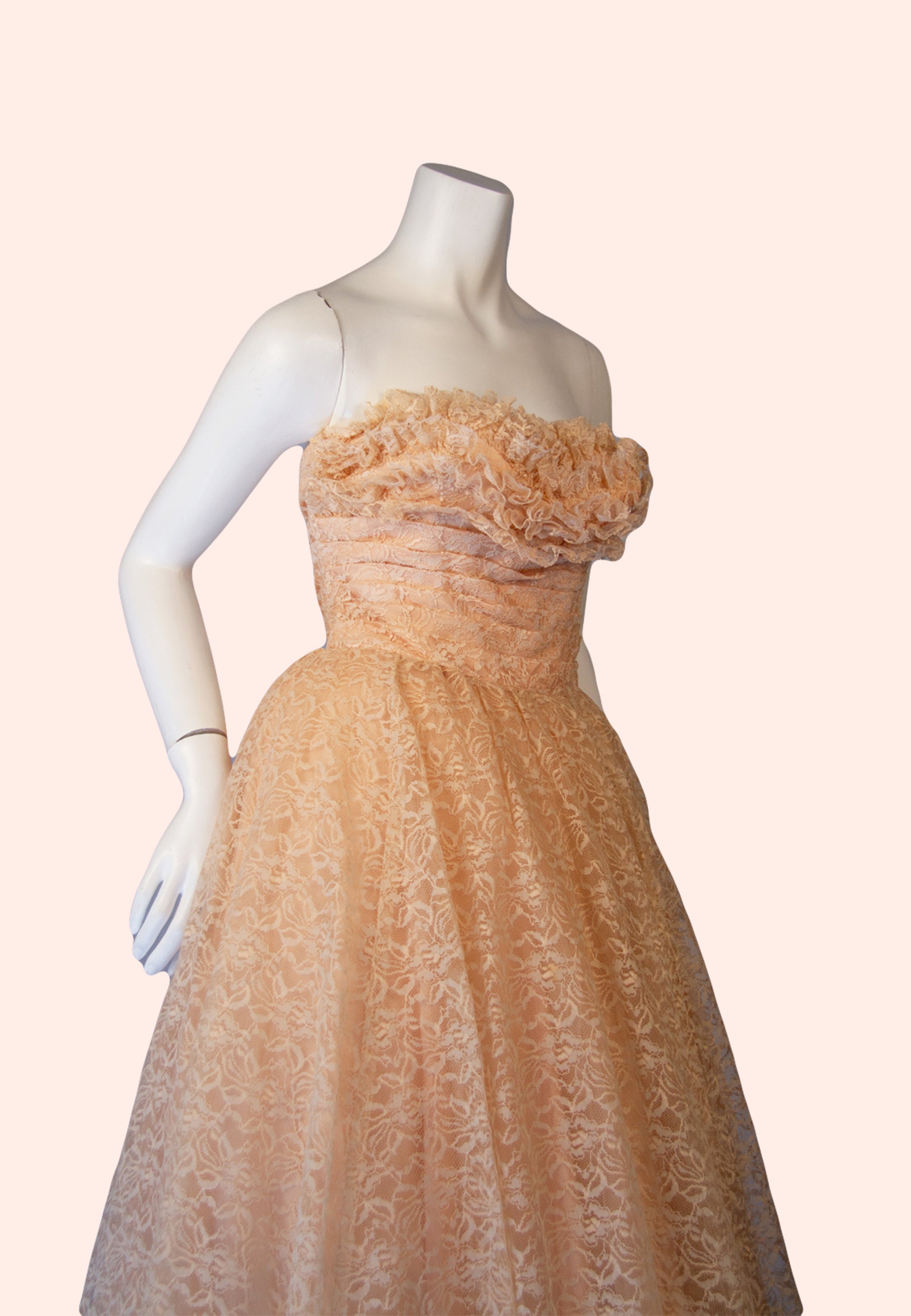 1950s Vintage Dress, 50s Pink Lace Fit and Flare Prom Dress With ...