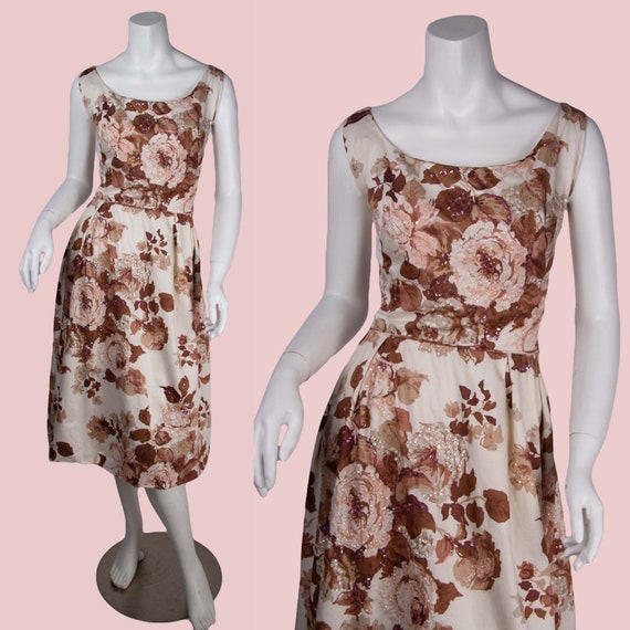 1960s Vintage Dress 60s Rappi Designer Rose Print… - image 1