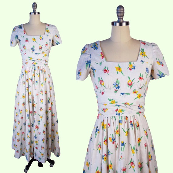 1940s Vintage Dress, 40s Floral Cotton Maxi Dress… - image 1