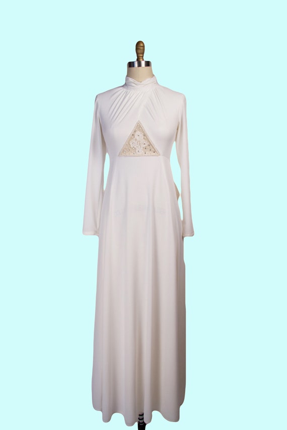 VINTAGE 1970s Wedding Gown, White Gown With Semi … - image 3