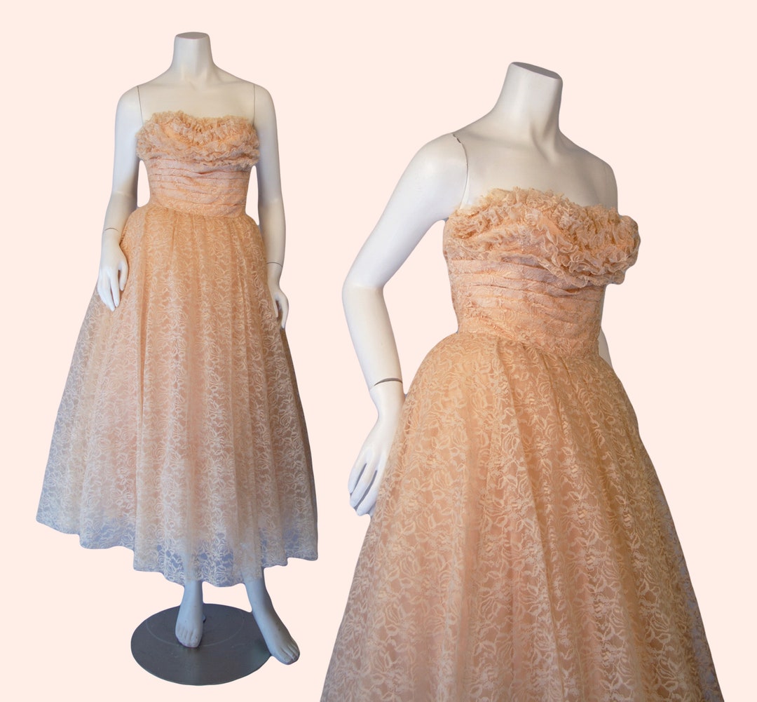 1950s Vintage Dress, 50s Pink Lace Fit and Flare Prom Dress With ...