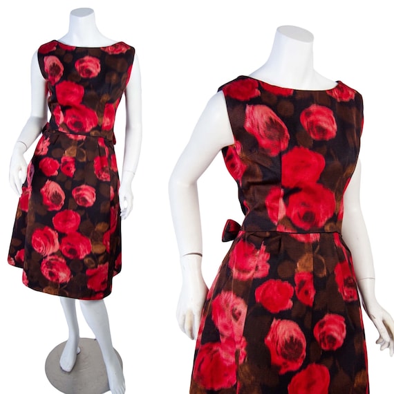 1960s Vintage Dress, Womens 60s Rose Print Dress,… - image 1