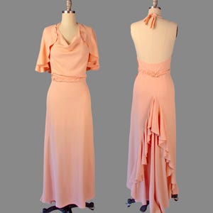 1930s Vintage Pale Pink Rayon Crepe Evening Gown with Original Cape and Braided Belt, 30s Evening Wear, Old Hollywood Glamour, Art Deco