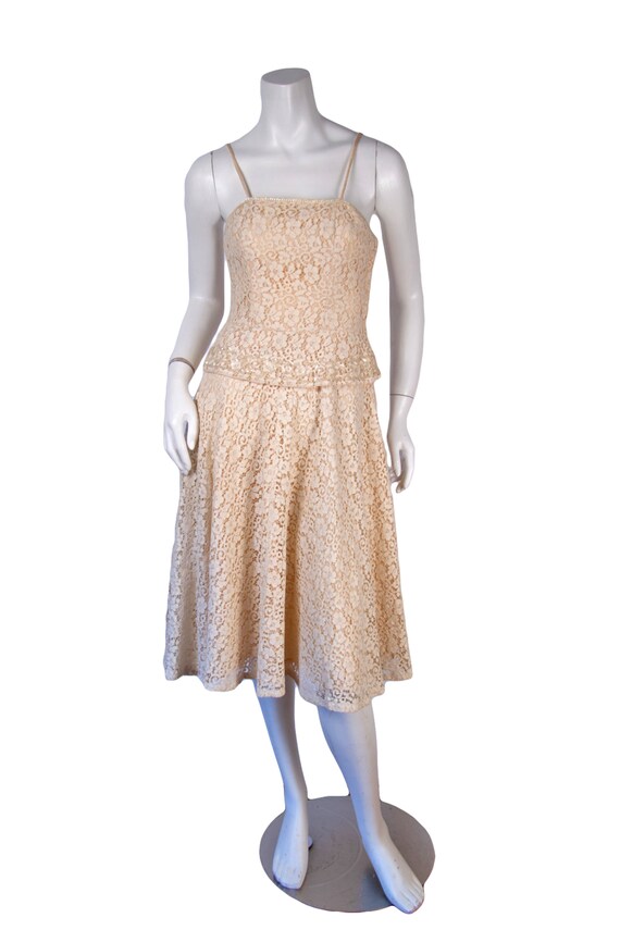 1950s Vintage Dress, Cream Lace Dress With Pearle… - image 3