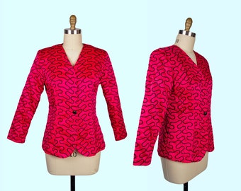 1980s Vintage Jacket, Hot Pink Satin Blazer with Black Embroidery, Blazer