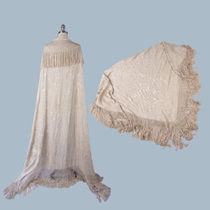 1920s Ethereal Antique Silk Cream Piano Shawl with Floral Embroidery and Fringe, Bridal Shawl, Mother Of The Bride, Vintage Bridal Wrap