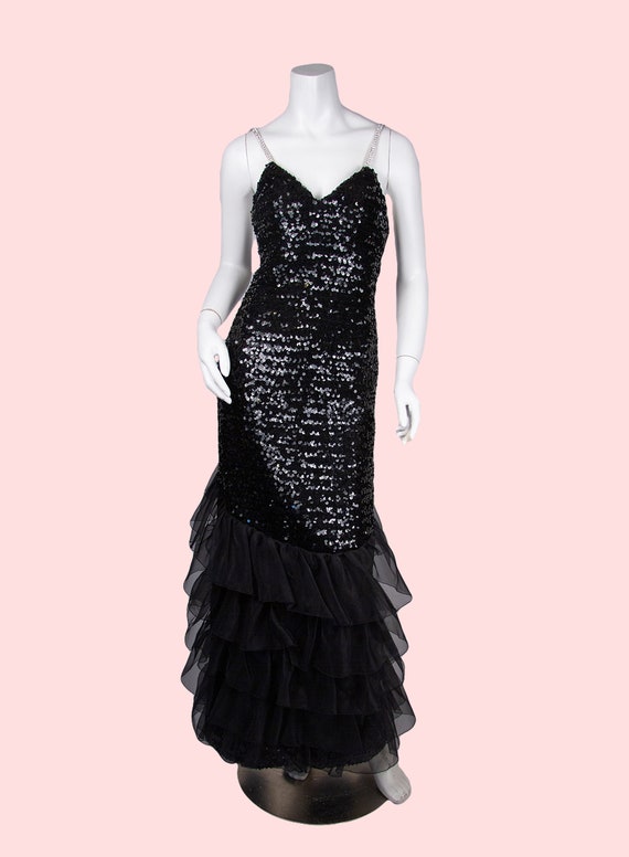 1980s Vintage Evening Gown, Black Sequined Evenin… - image 2