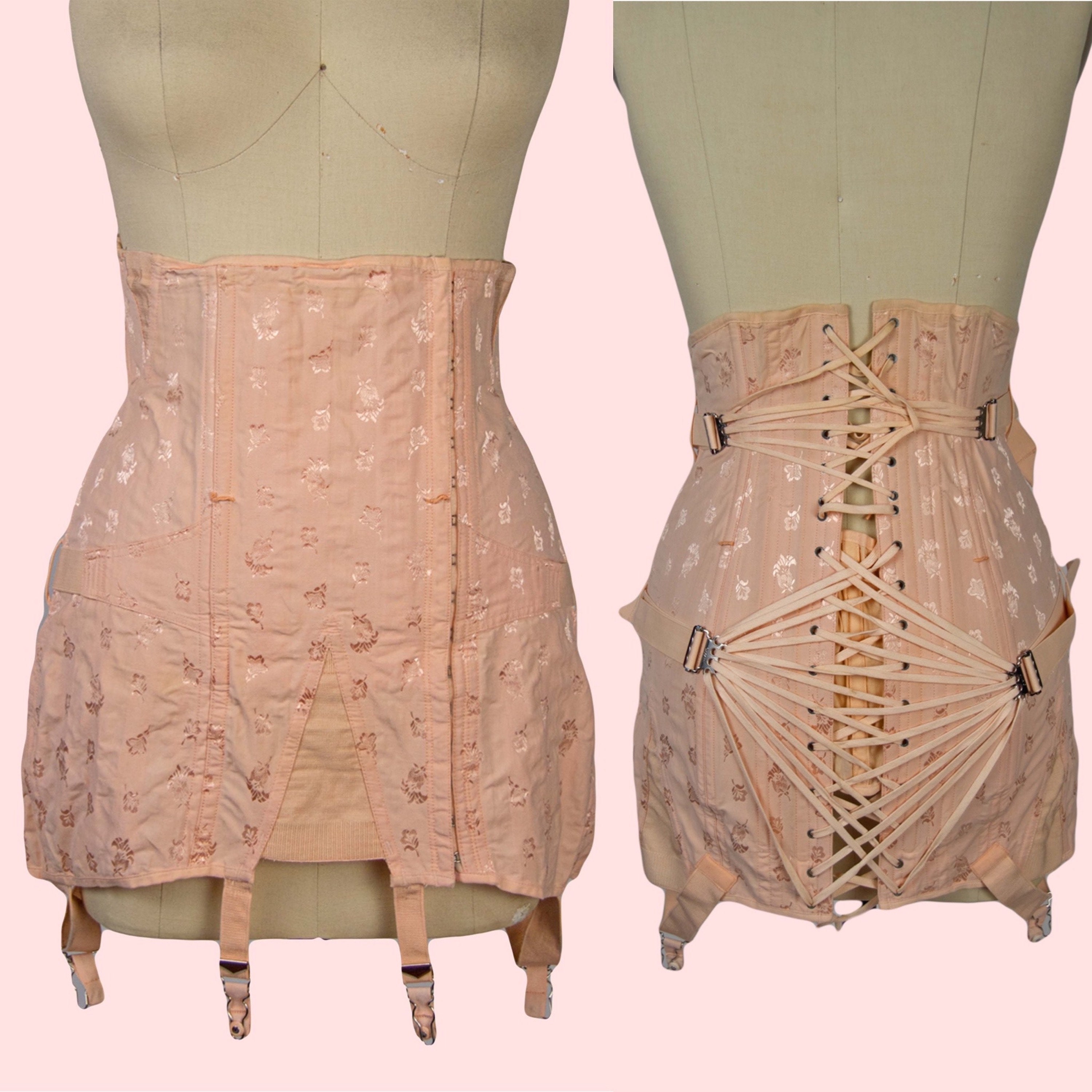 VINTAGE 1940s | Vintage Corset | CAMP 1940s Pale Pink Fan Lacing Corset  with Garters | 1940s Boudoir corset | Fan Lacing | 1940s Corset
