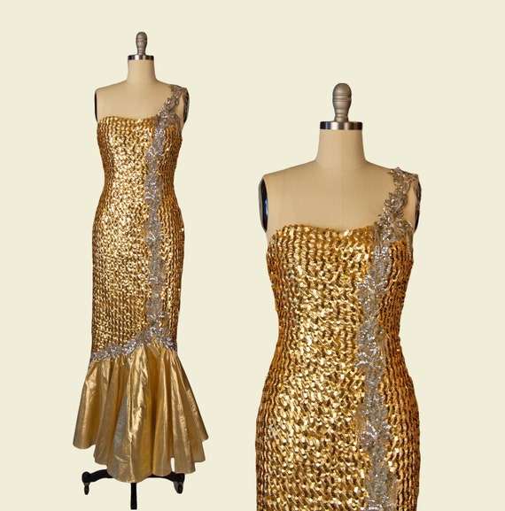 1980s Vintage Gown, 80s Gold Lamé One Shoulder Mer
