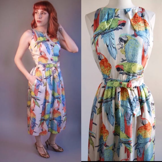 Gorgeous 1940's silk Parrot Novelty print dress