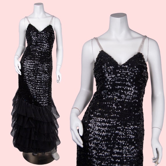 1980s Vintage Evening Gown, Black Sequined Evenin… - image 1