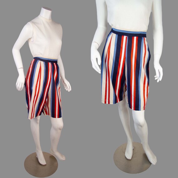 1950s Vintage Shorts, 50s Bermuda Red, White & Bl… - image 1